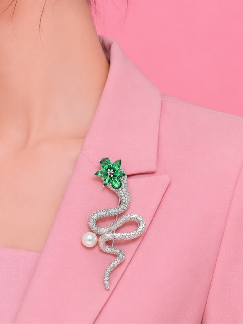Serpenti Snake Emerald Floral Green Crystal Silver Brooch